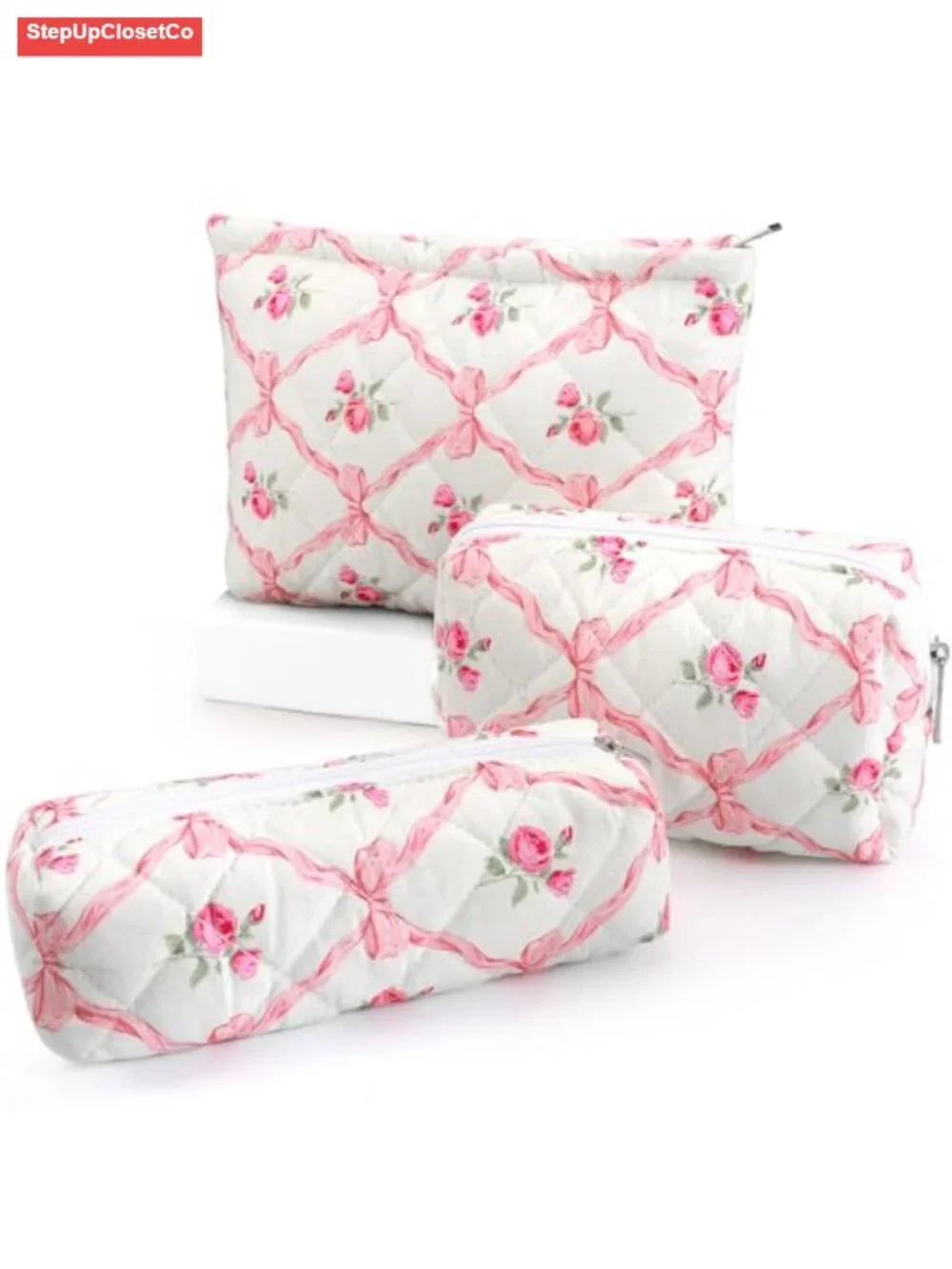 Set of 3 Makeup Bags Floral Cotton Waterproof Travel Toiletry Organizer Pouch